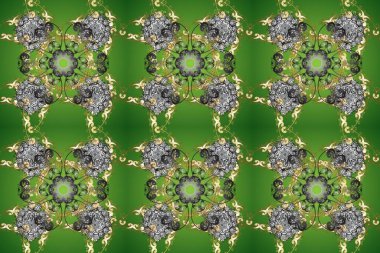 2019 Noel 'i, kar tanesi, yeni yıl. Tarafsız, gri ve yeşil renklerde, altın elementlerle klasik, pürüzsüz desen.