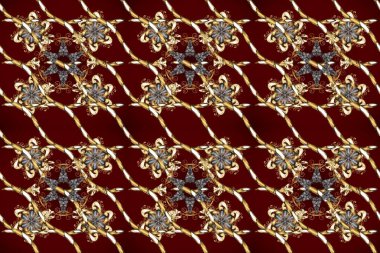 Noel, kar tanesi, yeni yıl 2025. Gri, kırmızı ve kahverengi renklerde ve altın elementlerle kusursuz klasik desen.