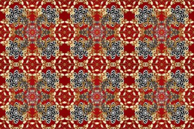 Süslü dekorasyon. Damask altın soyut çiçek deseni bej, kırmızı ve kahverengi renklerde. Raster illüstrasyonu.