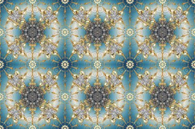 Mavi, gri ve altın elementli nötr renklerde kusursuz klasik desen. Noel, kar tanesi, yeni yıl 2019.