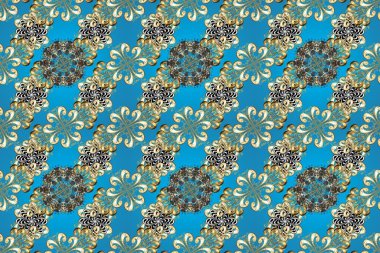 Damask altın soyut çiçek deseni mavi, bej ve nötr renklerde. Raster illüstrasyonu. Süsleme.