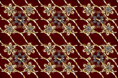 Noel, kar tanesi, yeni yıl 2025. Gri, kırmızı ve kahverengi renklerde ve altın elementlerle kusursuz klasik desen.