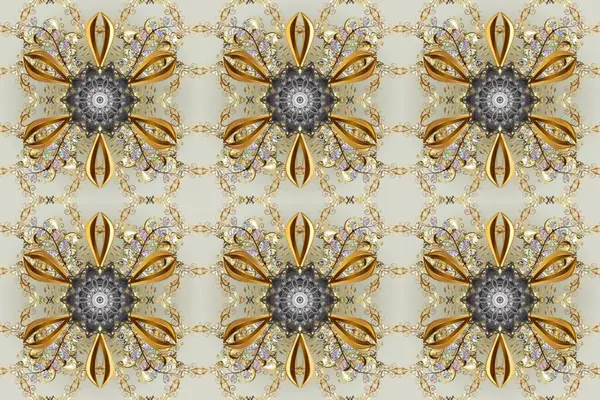 stock image Golden ornate illustration for wallpaper. Ornamental lace tracery. Vintage design element in Eastern style. Raster seamless pattern with floral ornament. Traditional arabic decor on gray, beige colors