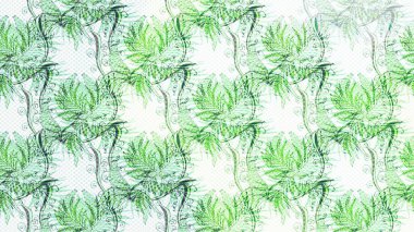 Raster çiçek izi. Çiçeksel nötr, yeşil ve beyaz çizim deseni. Klasik taslak çizimi.