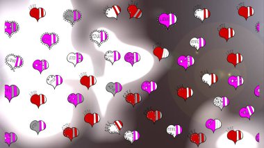 Raster. Tebrik kartı, etiket, etiket vs. için ideal. Aşk tasarımları. Şirin elementlerle yaz tarzı illüstrasyon. Gri, beyaz ve kahverengi arka planda güzel kalpler. Renkli bir boho pop sanat tarzı..