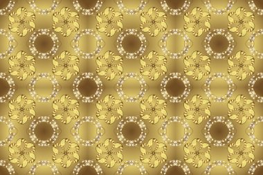 Raster illüstrasyonu. Altın elementlerle bej, kahverengi ve sarı renklerde kusursuz desen. Klasik klasik klasik arka plan. Kusursuz klasik raster altın desenli. Geleneksel oryantasyon süsü.