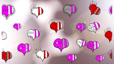 Raster. Çizgi film tarzında el çizimi çizimi. Kaligrafi yazıları, kalpler, zarflar, karalamalar olan bir aşk modeli çiz. Grafik kalpler, nötr, beyaz ve gri renklerde aşkı sever.