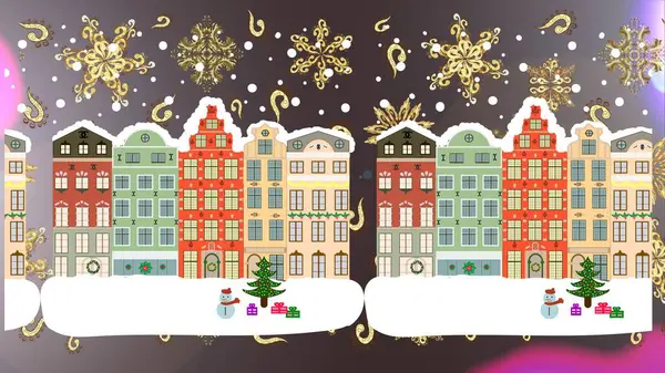 Kahverengi, gri ve nötr renklerde resimler ve Noel ağacı. Tatil havası. Şirin manzaralı küçük bir ev. Raster..