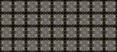 Kusursuz damaske klasik altın desen. Tekrarlayan elementlerle soyut arkaplan oluşturun. Gri, siyah ve kahverengi renklerde altın desenli altın sarısı elementler. Raster illüstrasyonu.