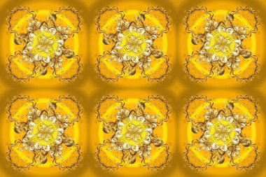 Klasik raster sarısı, kusursuz desen. Çiçek süsü kumaş deseni, cam, çiçek desenli metal mavi, kahverengi ve gri renkte altın elementler..