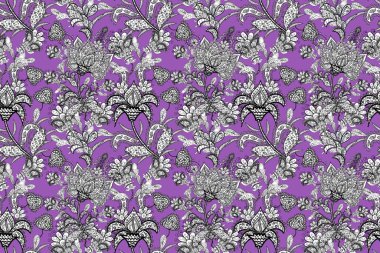 Gri, mor ve mor renkli çiçeklerle kusursuz çiçek deseni. Suluboya tarzında gri, mor ve mor renkte çiçekler.