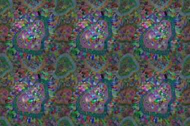 Parlak renkli çiçekleri ve mavi, mor ve yeşil renkte yaprakları olan şaşırtıcı, pürüzsüz çiçek deseni. Moda baskıları için zarif bir şablon. Modern çiçek arkaplanı. Halk stili.