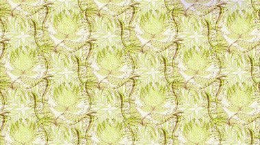 Bej, nötr ve sarı renkte etnik çiçeklerle süslenmiş zarif bir eskiz deseni. Raster Çiçek İllüstrasyon Şirin Tekstil.