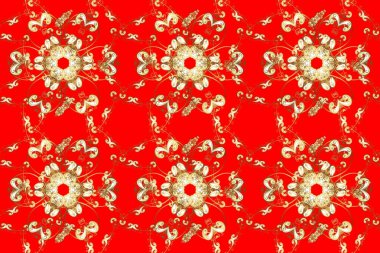 Lüks mobilyalar. Altın elementli desen. Patina. Klasik mobilya tarzı. Kusursuz ahşap oyma. Kırmızı, turuncu ve altın kaplamalı bej arkaplan. Oyma. Küçük alan derinliği.