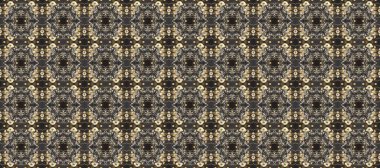 Altın çiçekli, pürüzsüz desen. Barok tarzında altın çiçekli süs. Damask arkaplanı. Gri, bej ve kahverengi renklerde altın bir element.