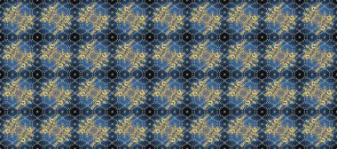 Altın antika ortaçağ dekoratifi, yaprakları ve sarı ve mavi renkli altın desenli süslemeleri olan dikişsiz bir şablon. Kusursuz kraliyet lüksü, altın barok kumaş rengi..