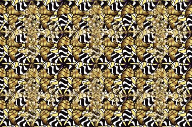Raster illüstrasyonu. Raster altın desen. Kusursuz altın desenli bukleler. Altın elementli siyah, gri ve kahverengi renkler. Doğu tarzı arabesk.
