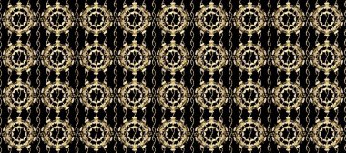 Floral ornament brocade textile pattern, glass, metal with floral pattern on black, brown and white colors with golden elements. Classic raster golden seamless pattern.