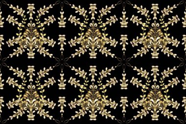 Damask pürüzsüz süsü. Klasik oryantal desen, siyah, bej ve kahverengi renklerin üstündedir. Geleneksel raster ve altın desen.