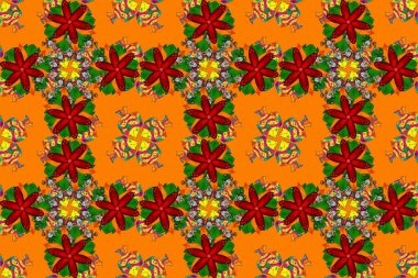 Turuncu, yeşil ve kırmızı çiçekli bahar çiçekleri. Küçük çiçekte güzel bir desen. Moda baskıları için zarif bir şablon. Küçük renkli çiçekler. Motley illüstrasyonu.