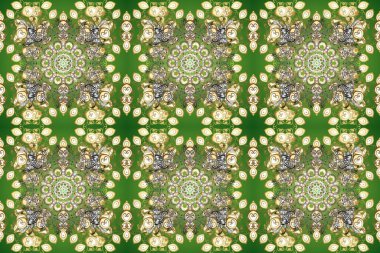 Damask arkaplanı tekerrür ediyor. Barok tarzında altın çiçek süsü. Antika altın tekrarlanabilir duvar kağıdı. Bej, nötr ve yeşil renklerde altın element.