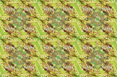 Kış kar dokusu duvar kağıdı. Sembol bayramı, yeni yıl kutlamaları, altın desenler. Noel altın kar tanesi kusursuz desen. Yeşil, nötr ve kahverengi renkte altın kar taneleri.