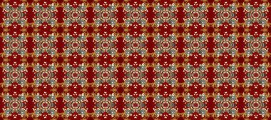Kahverengi, kırmızı ve bej renklerde altın elementlerle kusursuz desen. Geleneksel oryantasyon süsü. Raster illüstrasyonu. Kusursuz klasik raster altın desenli. Klasik vintage arkaplan.