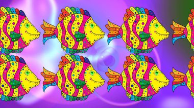 Balıklarla eskiz kalıbı. Dekoratif süs. Soyut Raster çizimi. Menekşe, sarı ve morumsu balıklar. Raster illüstrasyonu. Tekrarlayan ve değişen bileşen elementlerin renk resmi.