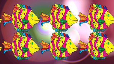 Sarı, mor ve nötr. Robot resim. Raster illüstrasyonu. Suluboya balık deseni.