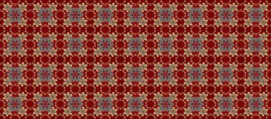 Klasik raster şablonu. Kırmızı, kahverengi, bej ve altın desenli. Tekrarlayan ögelerle kusursuz soyut arkaplan.