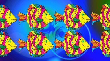 Mavi, sarı ve yeşilde balıklar. Balıklarla geometrik fayanslar tekrarlanıyor. Çizim kalıbı. Raster. Modern stil dokusu.