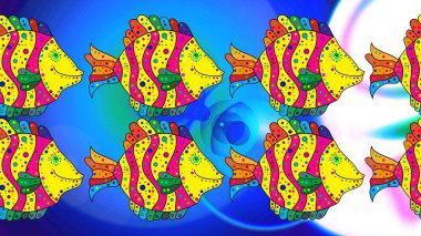 Robot resim. Suluboya balık deseni. Mavi, sarı ve morumsu. Raster illüstrasyonu.