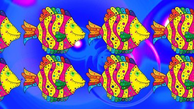 Mavi, sarı ve morumsu balıklar. Soyut Raster çizimi. Raster illüstrasyonu. Tekrarlayan ve değişen bileşenlerin renkli görüntüsü. Balıklarla eskiz kalıbı. Dekoratif süs.