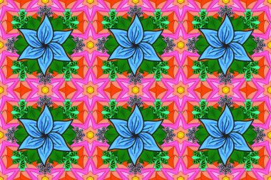 Raster hisseleri. Yeşil, mavi ve pembe üzerine çiçekler. Kusursuz bir arka plan modeli. Suluboya, elle çizilmiş.