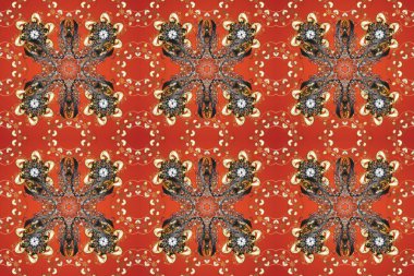 Turuncu, kahverengi, bej ve altın desenli. Tekrarlayan elementlerle kusursuz soyut arkaplan. Zarif raster klasik desen.