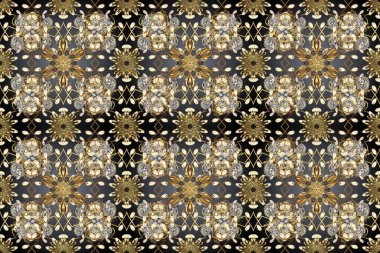Tekrarlayan elementlerle soyut arkaplan oluşturun. Gri, bej, kahverengi ve altın elementli altın rengi üzerinde altın pürüzsüz desen. Kusursuz damaske klasik altın desen. Raster illüstrasyonu.
