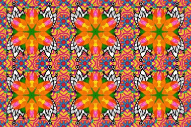 Çiçek deseni. Şatafatlı bahar bahçesi dokusu. Raster illüstrasyonu. Turuncu, sarı ve morumsu renklerde çiçeksiz. Turuncu, sarı ve mor renkli çiçekler..