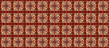 Kusursuz altın desen. Çiçek desenli altın metal. Kırmızı, kahverengi ve bej rengi, altın elementlerle. Raster altın çiçek süsü brokar kumaş ve cam desenli..