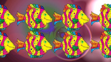 Şirin balık Raster çizimi. Sarı, mor ve pembe renklerde güzel balıklar. Çizim kalıbı. Tropik balıklar, deniz, akvaryum balıkları..