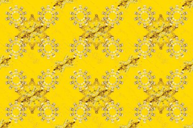 Noel 2019, kar tanesi, yeni yıl. Bir sarı ve kahverengi renkleri altın elemanları ile üzerinde Vintage seamless modeli.