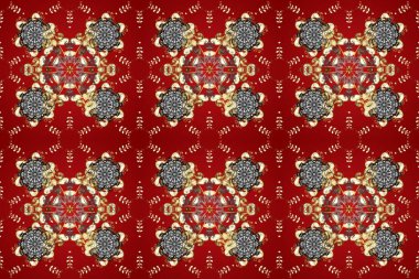 Raster illüstrasyonu. Kart, duvar kağıdı, ambalaj ve tekstil için klasik tasarım. Klasik çiçek dokusu. Altın şablon. Kusursuz desenli altın elementler. Kırmızı, kahverengi ve bej renklerde Royal retro.