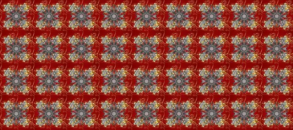 Barok tarzında altın çiçekli süs. Damask arkaplanı. Altın çiçekli, pürüzsüz desen. Kırmızı, gri ve kahverengi renklerde altın bir element.