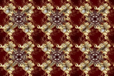 Kahverengi, bej ve kırmızı renklerde altın antika ortaçağ dekoratifi, yaprakları ve altın desenli süslemeleri olan kusursuz desenler. Kusursuz kraliyet lüksü, altın barok kumaş rengi..