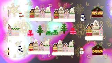 Paper art carving. Paper art of happy new year house with on neutral, gray and brown colors hills. Raster illustration. clipart