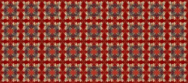Kırmızı, kahverengi ve bej renklerde altın elementli pürüzsüz desen. Parlak dantel, stilize çiçekler, şal desenli. Raster. Tarz arabesk. Kusursuz altın desenli bukleler. Zarif altın deseni aç
