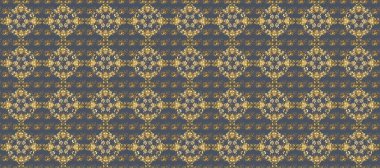 Altın desenli mavi, bej ve kahverengi, altın elementli. Kusursuz desenli oryantal süs. İslam tasarımı. Raster altın tekstil baskısı. Çiçek karoları.