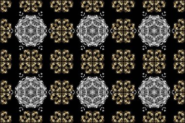 Gri, kahverengi ve siyah renklerde altın elementlerle kusursuz klasik desen. Noel, kar tanesi, yeni yıl. Gri, kahverengi ve siyah renklerdeki altın pürüzsüz desen altın elementlerle.