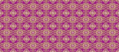 Süslü dekorasyon. Raster illüstrasyonu. Damask altın soyut çiçek mor, bej ve kahverengi renklerde kusursuz desen.