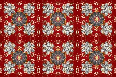 Damask kusursuz yinelenen arkaplan. Altın element kırmızı, gri ve bej renklerde. Barok tarzında altın çiçekli süs. Doku arkaplanı üzerine altın duvar kağıdı.