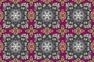 Altın çiçekli, pürüzsüz desen. Gri, mor ve kahverengi renklerde altın bir element. Damask arkaplanı. Barok tarzında altın çiçekli süs..